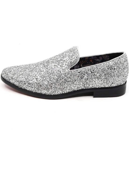 Metrocharm Men\'s Silver Rubber Sole Sparkly Glitter Sequin Loafers Slip On Shoes main image 4